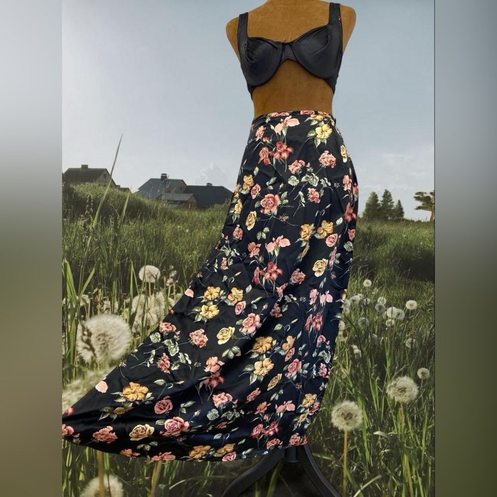 Vintage Whimsigoth Cottagecore Fairy Feminine Romantic  Silky Floral Maxi Skirt